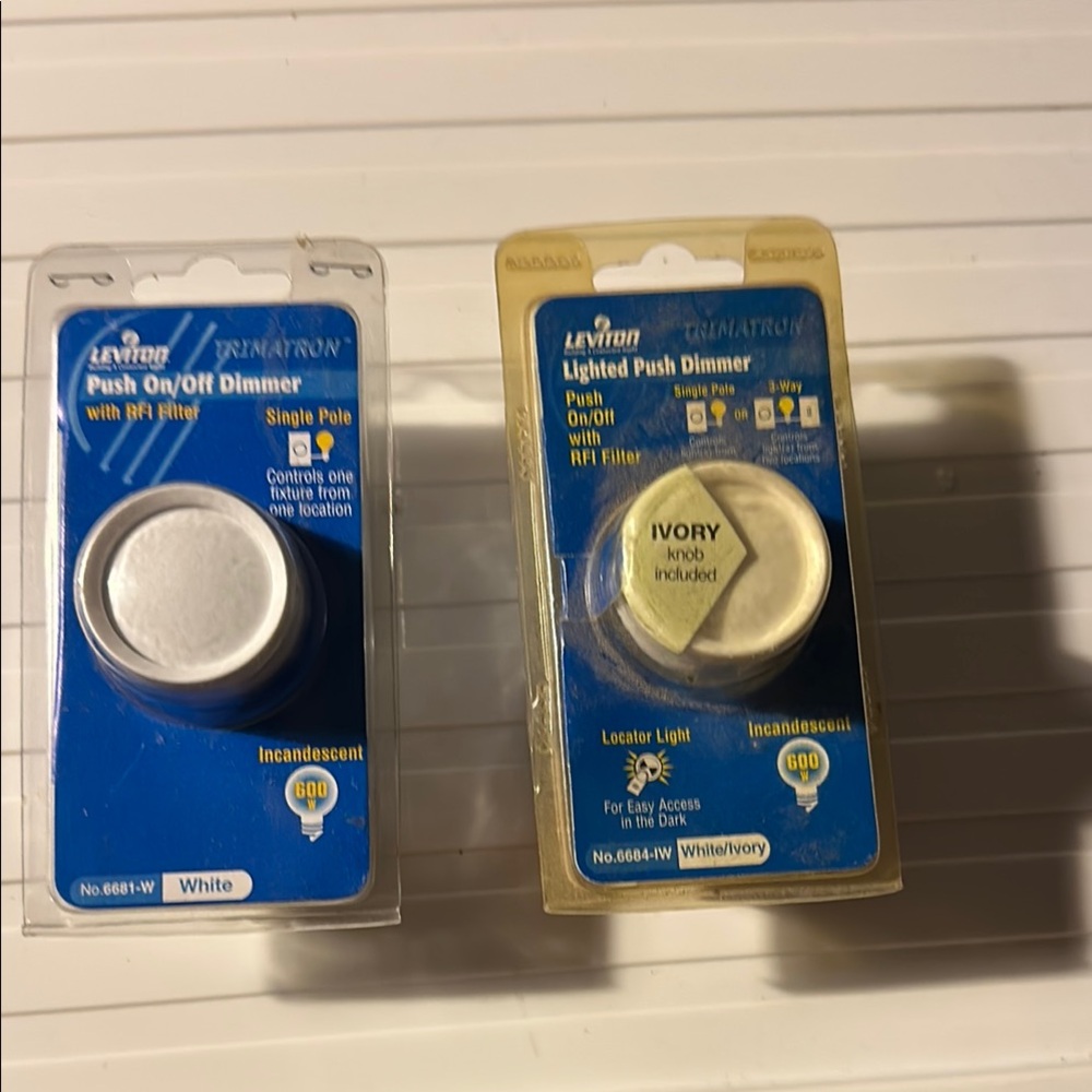 Two Leviton White and Ivory Push On/Off Dimmer with RFI Filter